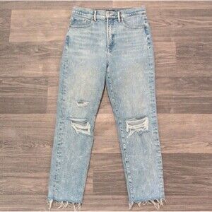 Express Light Blue Distressed Women's Straight Jeans - Frayed Hem